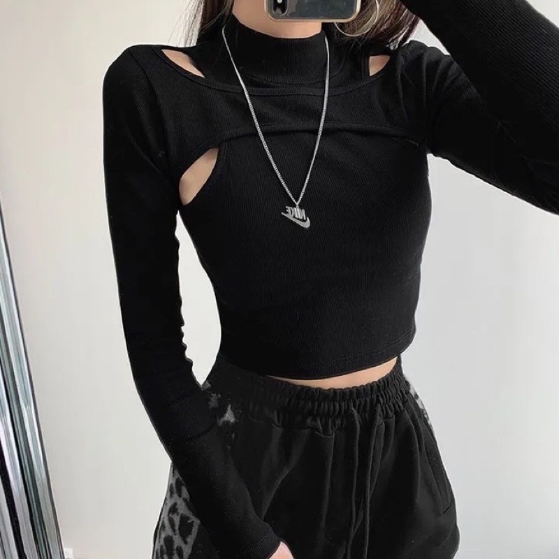 Korean TShirt Long Sleeve Crop Top Pakaian Wanita Lengan Panjang Crop 1470 (S-XL)