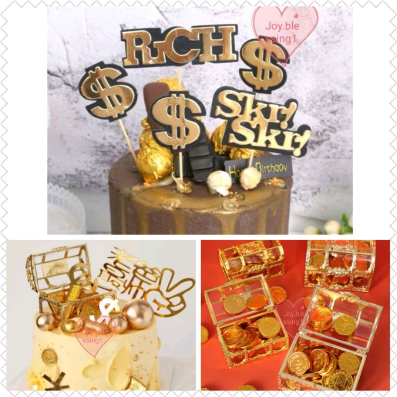 TOPPER CAKE DOLLAR/koin harta karun/TOPPER akrilik UANG DOLLAR (1 set 3 pcs)/KOTAK EMAS/TOPPER AKRIL