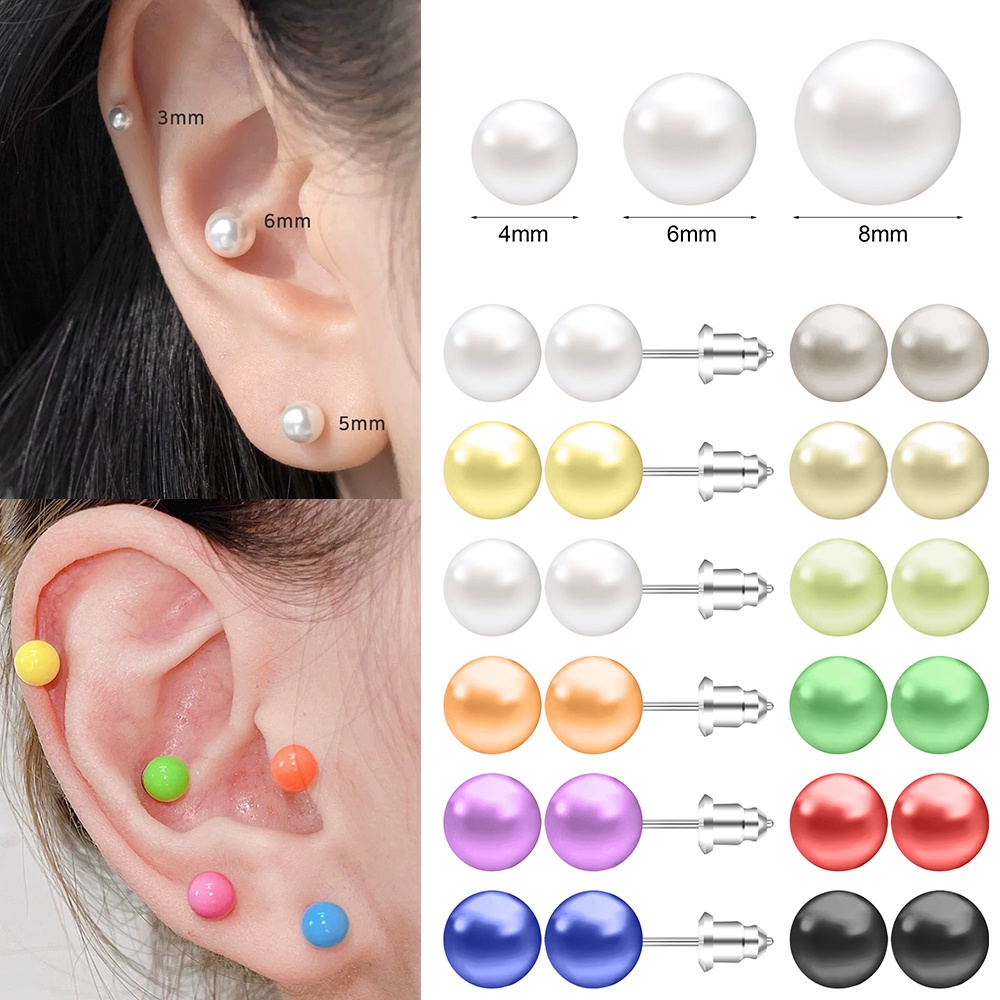 12 Pasang Anting Stud Tindik Tulang Rawan Aksen Mutiara Imitasi Warna-Warni Ukuran 4 / 6 / 8mm 20g Untuk Wanita