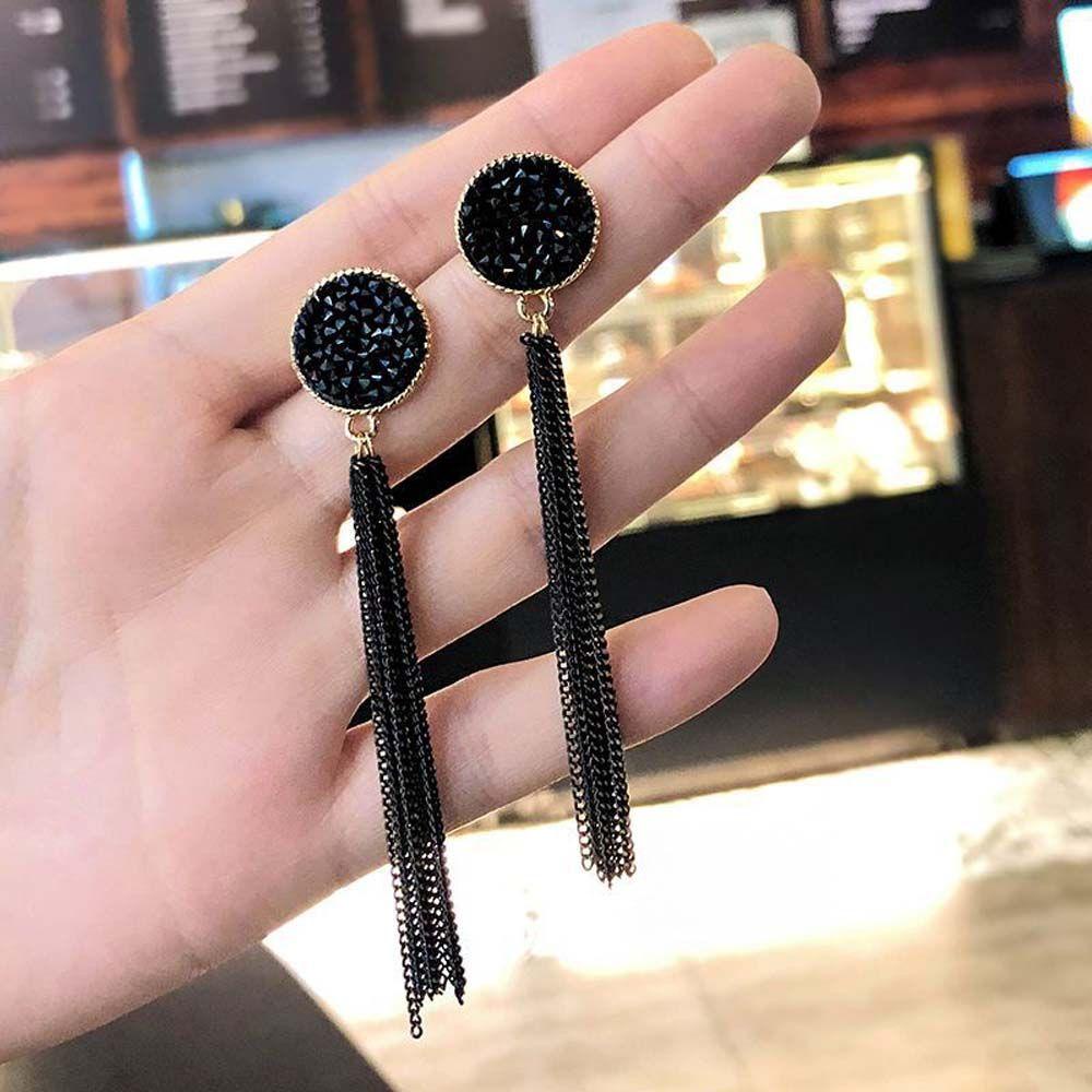 Anting Panjang Model Rumbai Menjuntai Aksen Kristal Warna Hitam Untuk Wanita