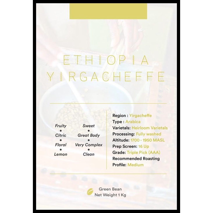 

DISKON TERBATAS !!! GREEN BEAN ARABICA ETHIOPIA YIRGACHEFFEE 1KG | BIJI KOPI MENTAH TERLARIS
