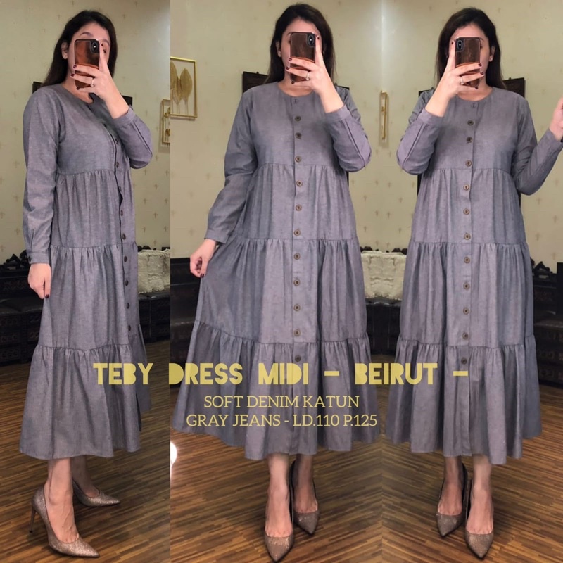 Daster Arab Teby MIDI JOVINA &amp; Teby MIDI BEIRUT Katun Soft Denim Ori