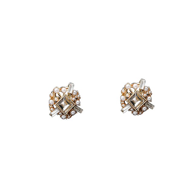 LRC Anting Tusuk Fashion Golden Geometric Metal Pearl Earrings With Diamonds D89671