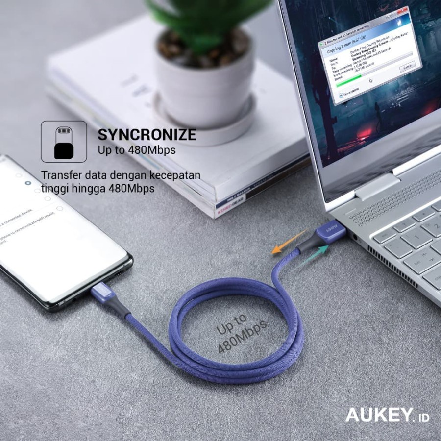 Aukey Cable CB-AKL1 MFI USB A To Lightning Kevlar 1.2 M Blue - 500421