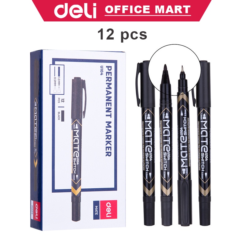 Deli Spidol Permanen Tahan Air Highlighter Pulpen 0.5mm 1.0mm Cepat Kering Hitam 12pcs Spidol Permanent Marker