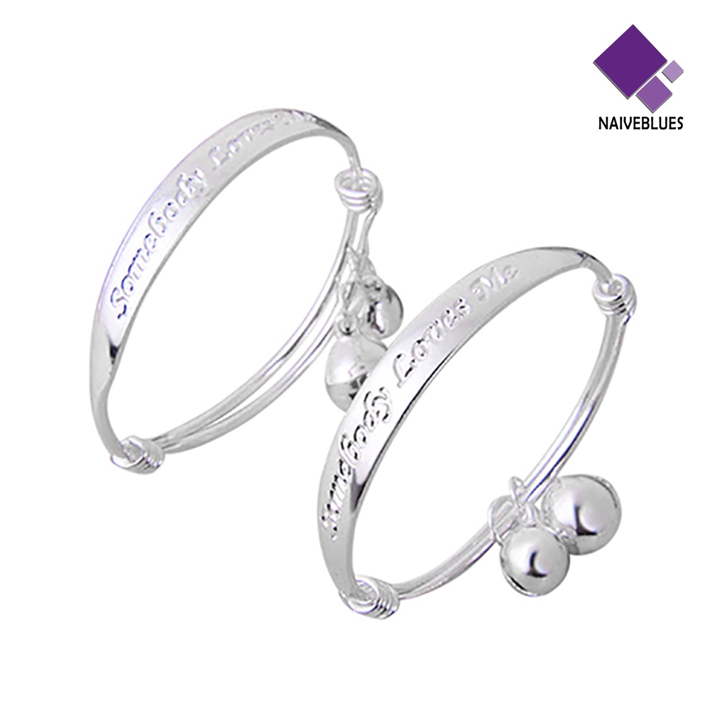 2pcs Gelang Lonceng Ganda Lapis Silver Motif Tulisan Inggris Untuk Bayi