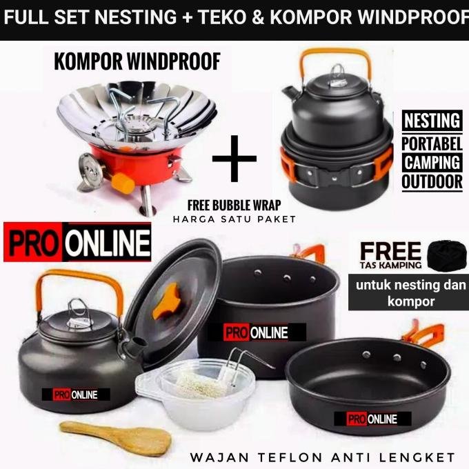 Nesting Teko & Kompor Windproof Kemping Gunung Cooking Set Camping