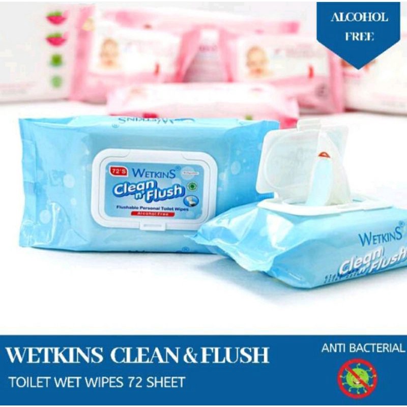 Tisu Basah Wetkins Clean &amp; Flush 72'S Tisu Basah Flushable