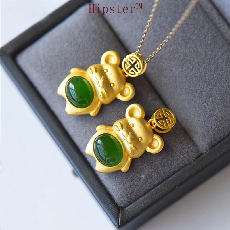 Hot Selling Cute Mouse Pattern Natural Green Treasure Jade Pendant Necklace