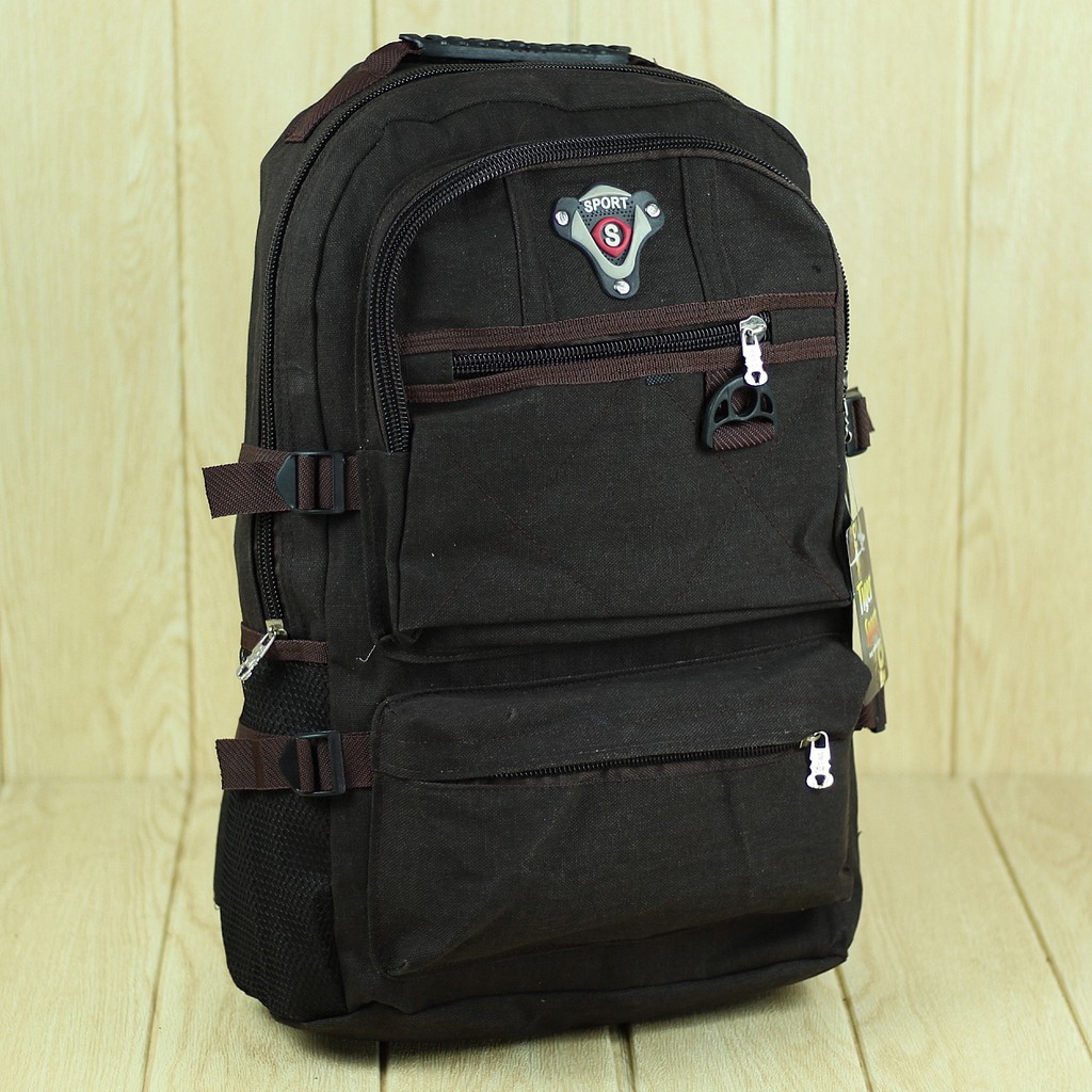 Tas Ransel Kanvas Jahit Coklat Tua Desain Distro Back Pack Cowok Pria