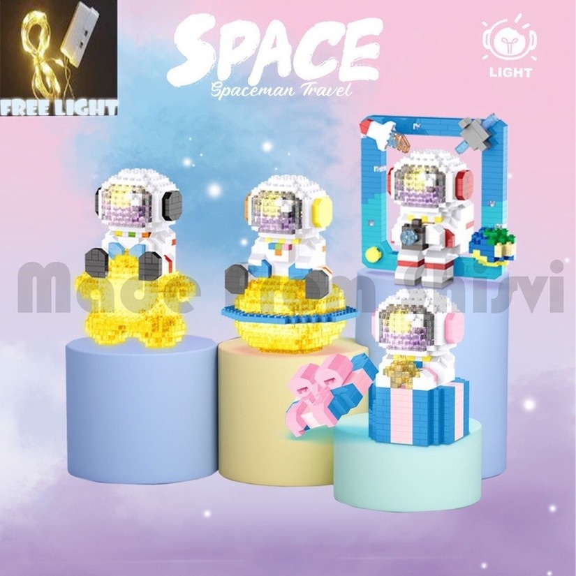 (300-400Pcs) Mainan Balok Bangunan Roket Astronot Mini Micro Dengan Lampu Untuk Hadiah Anak