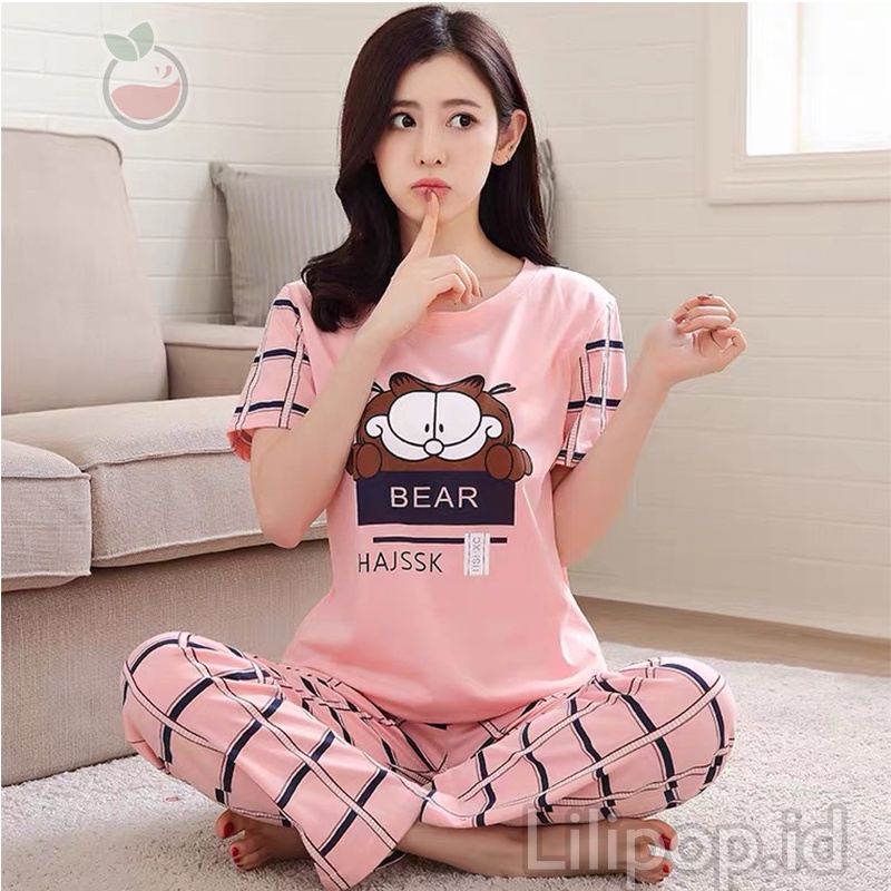 Lilipop.id  Baju Tidur Wanita CP Garfield Setelan Piyama BabyDoll Kaos Celana Panjang