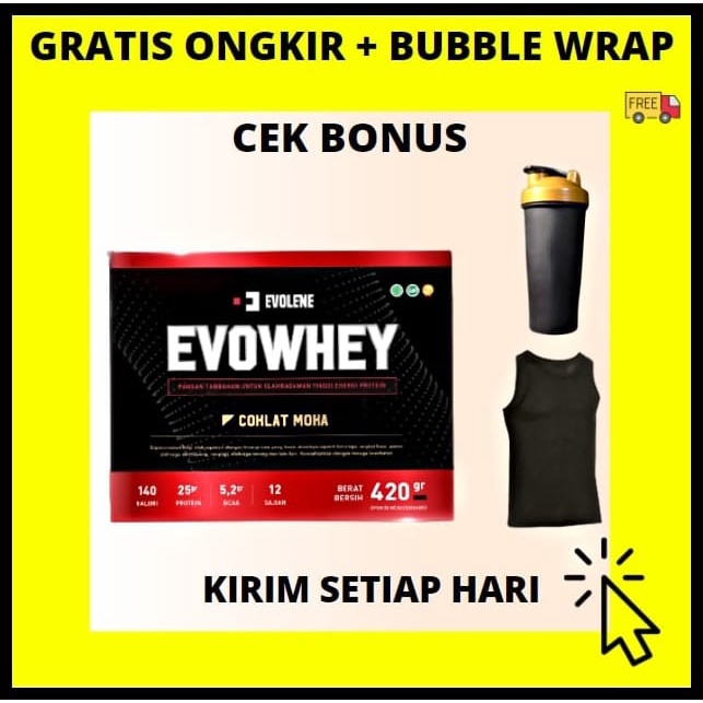 EVOLENE WHEY PROTEIN 12 SACHET SERVING 420 GRAM GR 420GR BPOM  HALAL MUI SUPLEMEN GYM MOKA MOCCA MOCA EVOLIN EVOLINE PRO 456 PROWHEY EVOWHEY EVO COKLAT HAZELNUT MASS MAS (BKN GAINER)