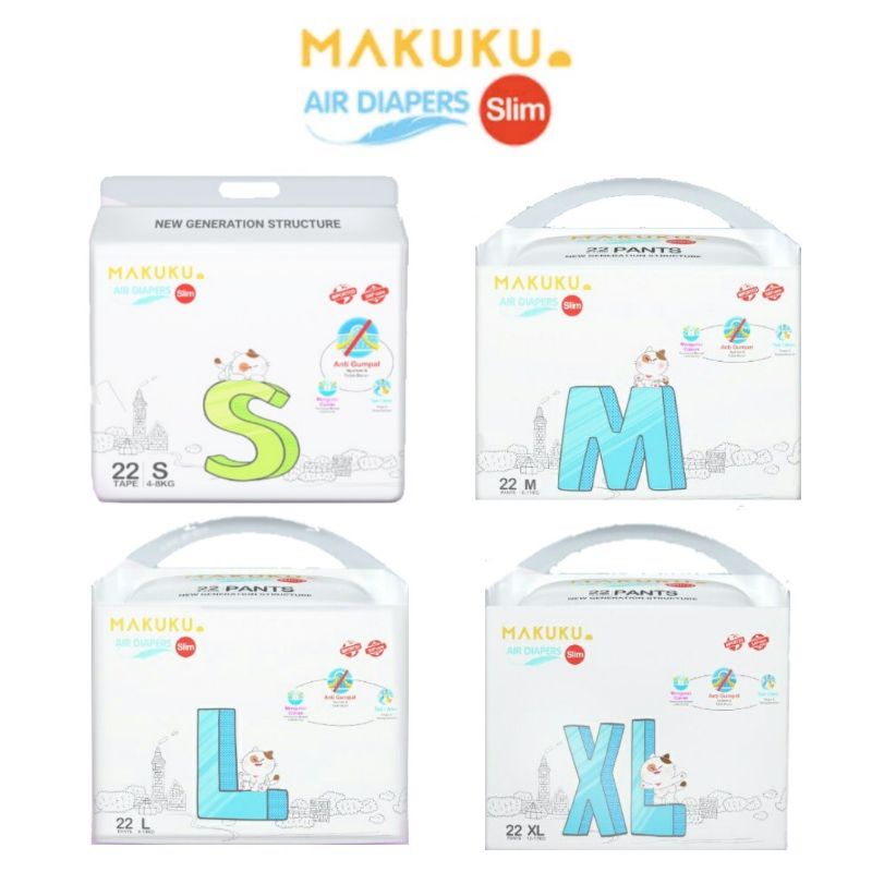 MAKUKU Air Diapers Slim Tape S22 Pants M22 L22 XL22 / Popok Bayi Tipis SAP Anti Gumpal Cepat Kering Sekali pakai