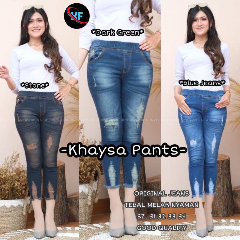 Jegging Leging Sobek Wanita Pinggang Karet Import 7/9 Lapis Tidak Tembus