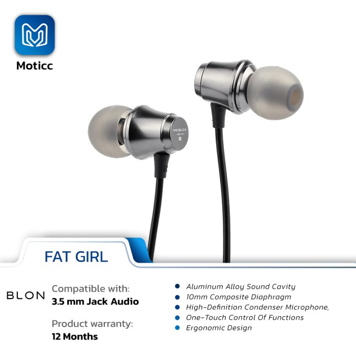 BLON Fat Girl with Mic Headset Clean Sound Earphone Entry Level Killer - Silver