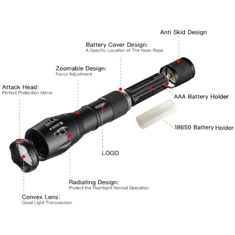 Senter LED Flashlight Cree XM-L T6 3800 Lumens - E27 - Black/senter full allumunium/senter led