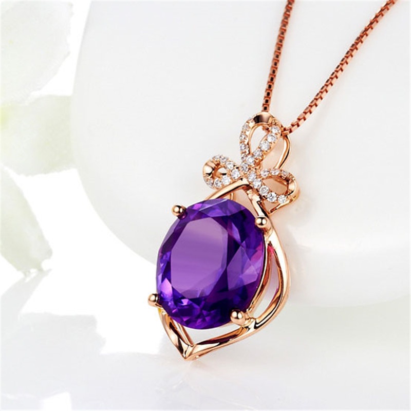 [Ready Stock]Fashion Inlaid Amethyst Pendant Rose Gold Gemstone Necklace