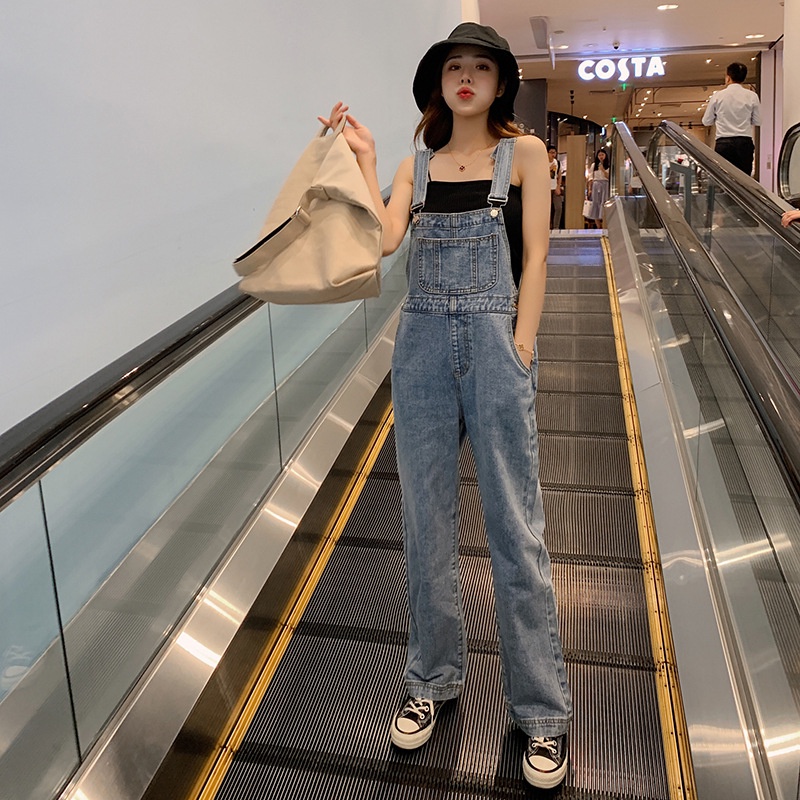 Jumpsuit Celana Lebar Kaki Overall denim panjang Tali Ikat Celana Wanita Tinggi Pinggang Longgar dan Melangsingkan Denim Suspender Celana Wanita