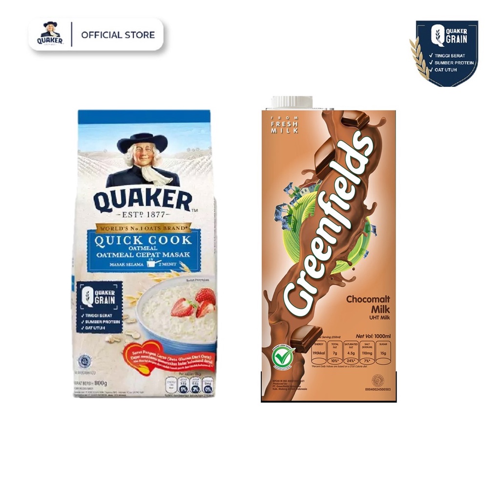 

Greenfields Susu UHT Choco Malt 1000 ml+Quaker Quick Cooking Oatmeal 800 gr