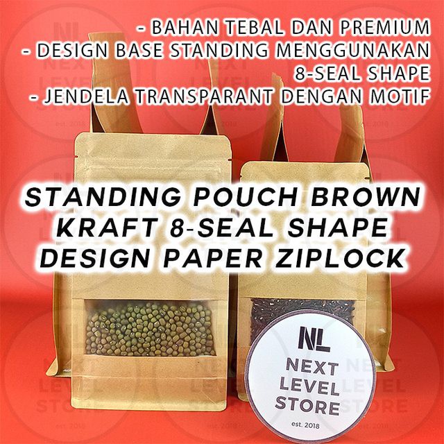 Standing Pouch 10x20+6CM Brown Kraft 8-Seal Shape Design Paper Ziplock