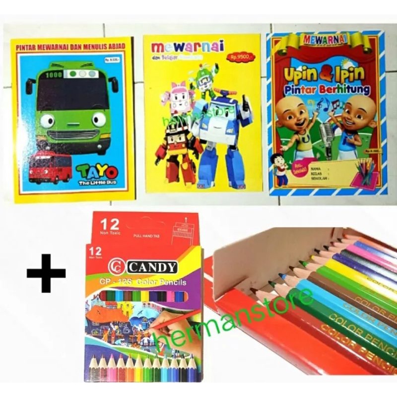 

BUKU MEWARNAI 3 pcs + BONUS PENSIL WARNA 12 WARNA / TAYO, POLY, UPIN DAN IPIN