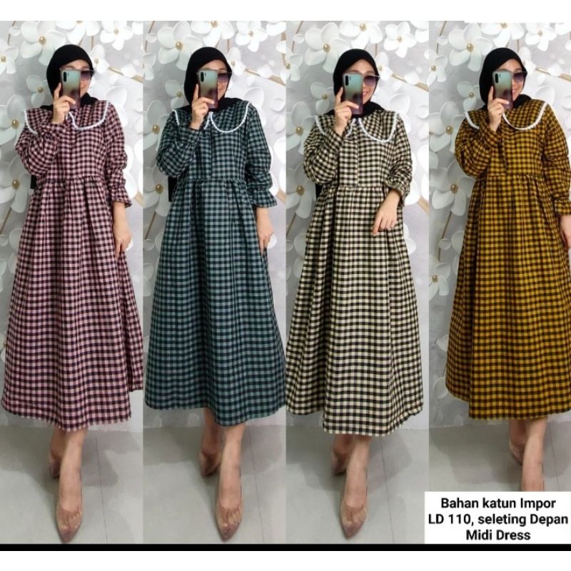 baju wanita midi dress bahan katun motif kotak