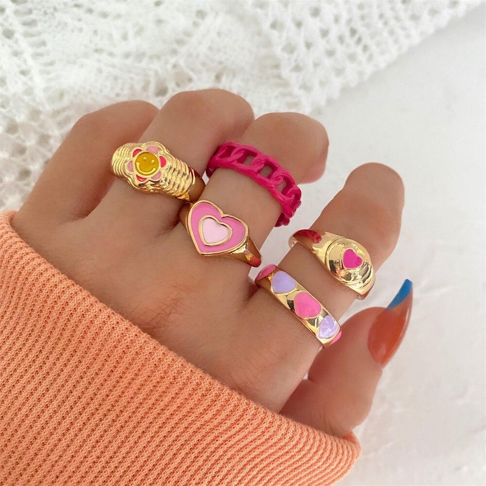 Y2K Cincin Vintage Bentuk Hatibunga Bahan Resin Warna Pink Untuk Wanita