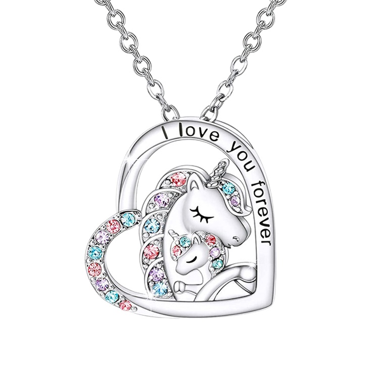 Kalung 925 Sterling Silver Dengan Liontin Bentuk Hati Motif I Love You Forever Mom Dan Baby Unicorn