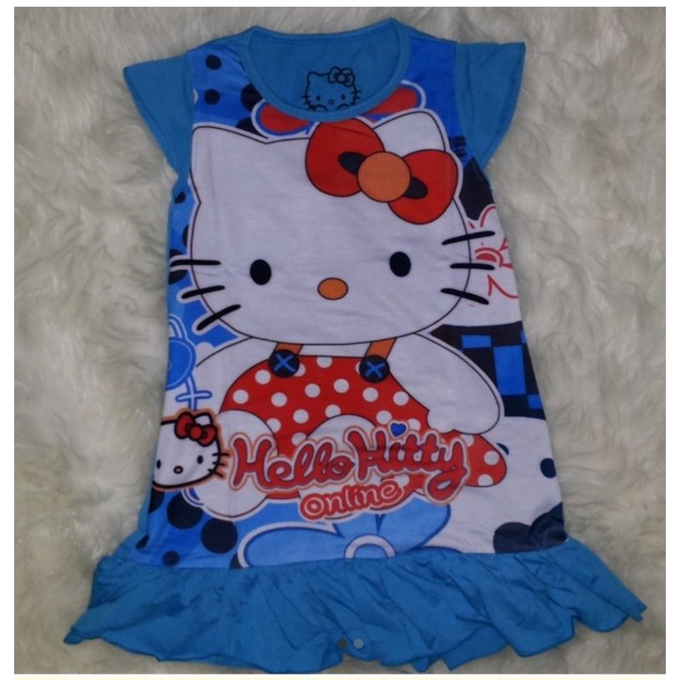 Dress Daster Anak Perempuan Hello Kitty Biru Pakaian Rok Kaos