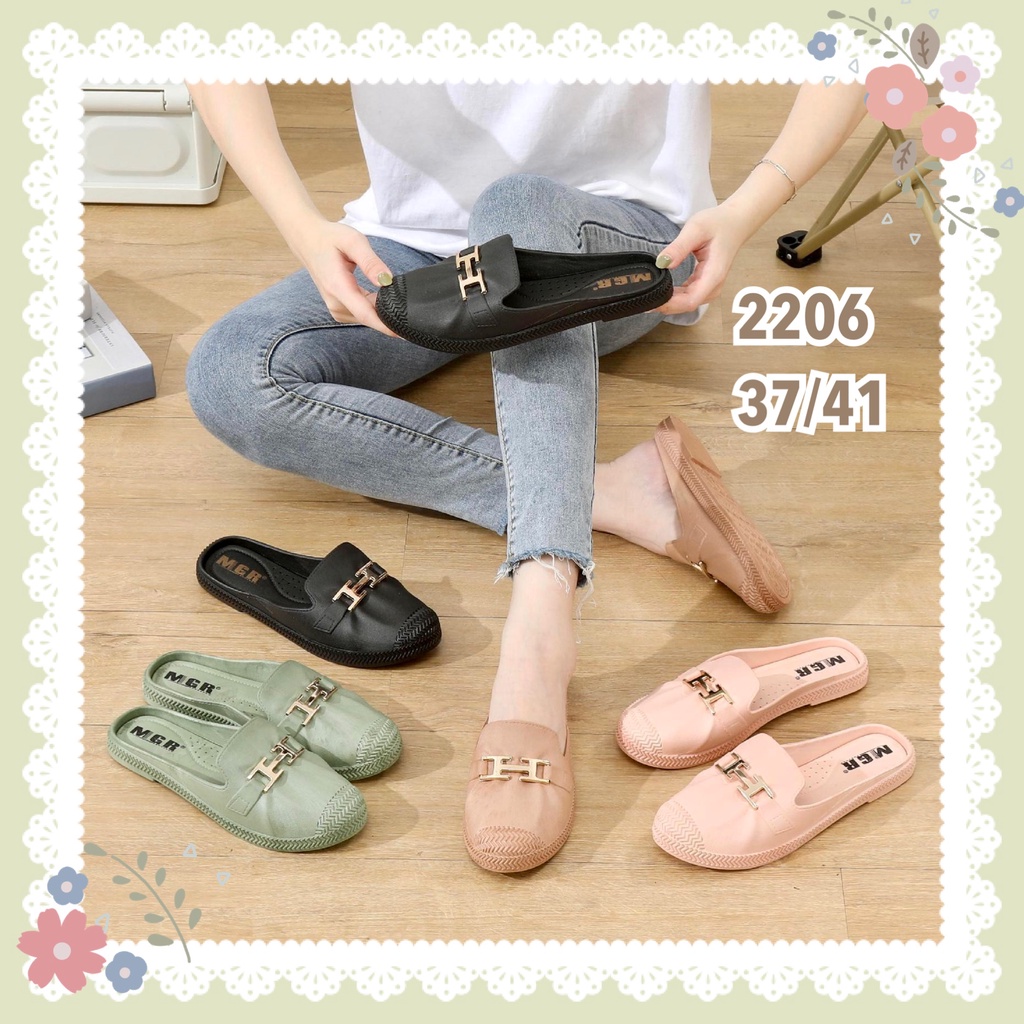 Sepatu Slop mules korea Jelly Karet Wanita Gesper H Motif Anyam Depan Cantik Elegan Formal Mewah Impor MGR Mokaya Balance (2206)/ Size 37-41