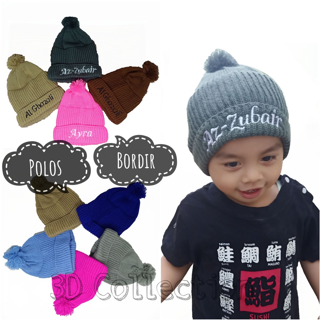 Deskripsi Topi Kupluk Rajut Jambul Bordir Nama Bayi Anak Balita
