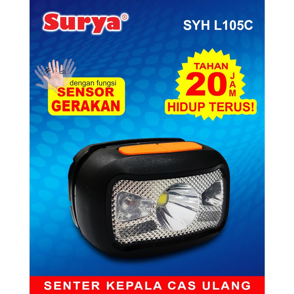 Surya Senter Kepala Super Terang LED SYH L105C 10 WATT Lampu Putih Rechargeable Tahan 20 Jam