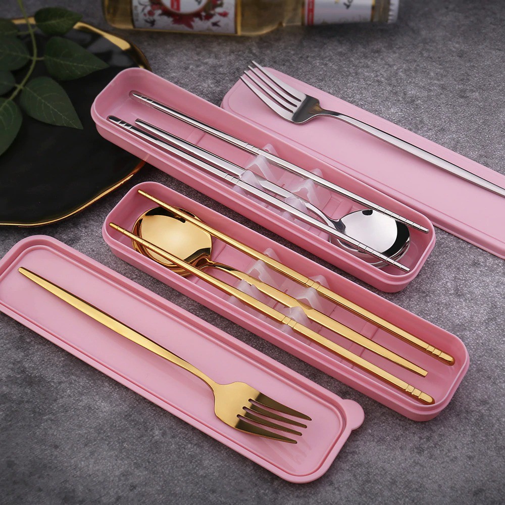 Set Perlengkapan Makan Ala Korea / Sendok Garpu Sumpit Cutlery Dinner Set + Box - A11 - Silver