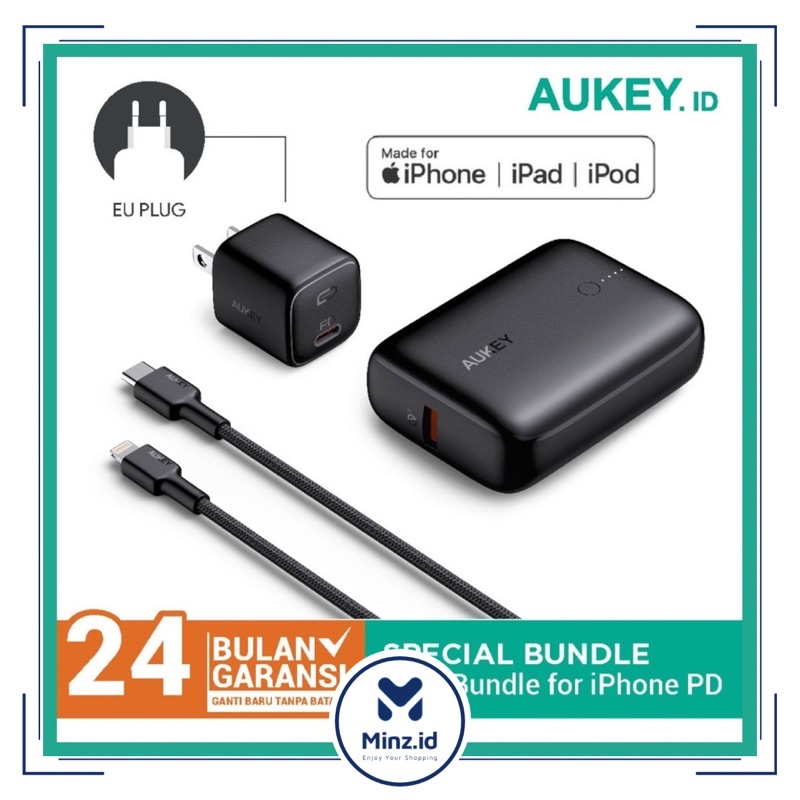 Powerbank Mini Aukey Special Bundling TK-2 For iPhone Fast Charging PD QC |  10000mAh + Adaptor Char