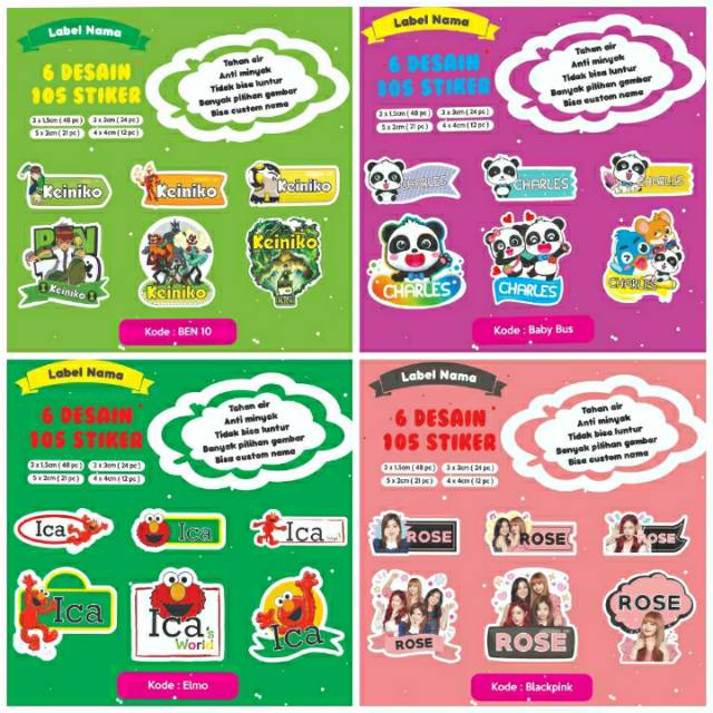 

Stiker / Label Nama 105 buah BEN10, BABY BUS, ELMO, BALCKPINK