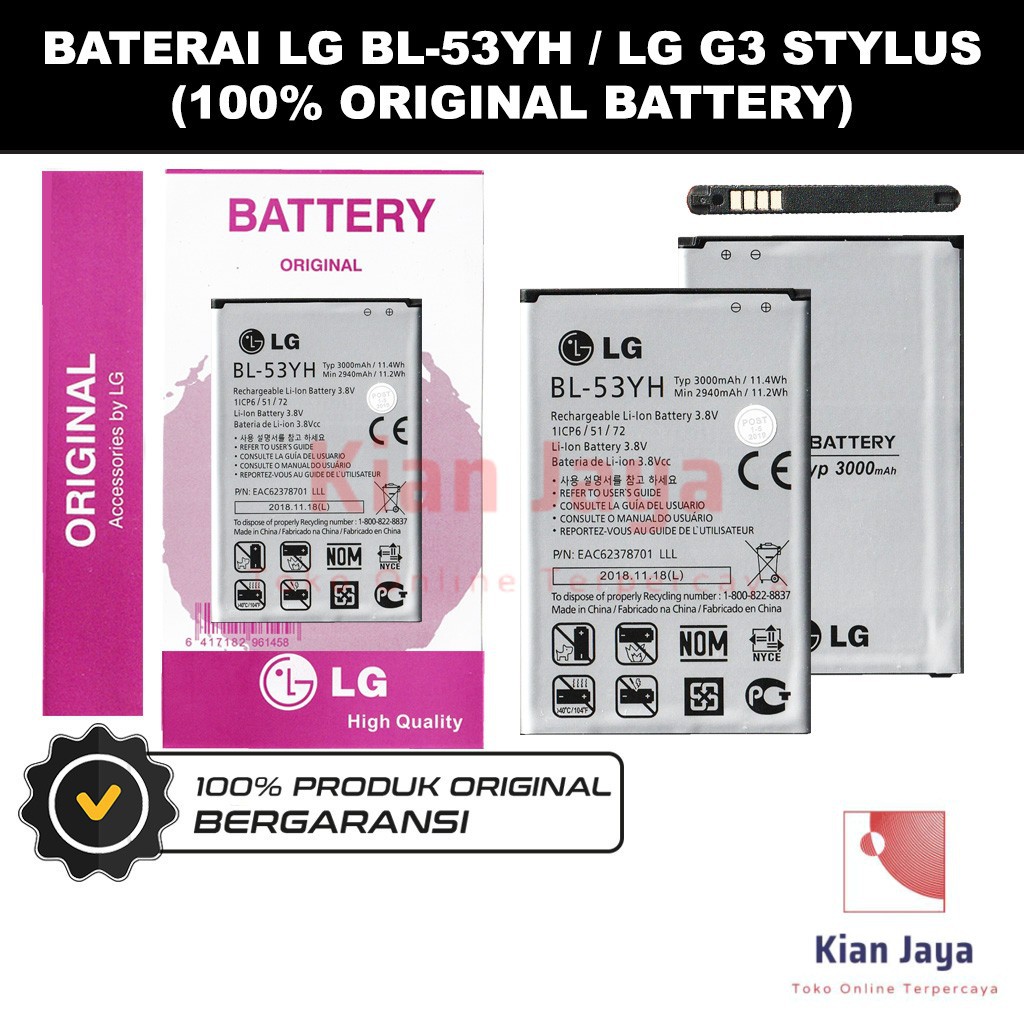 Baterai Original LG G3 Stylus / BL-53YH Batre Batrai Battery Hp BL53YH 100% Ori