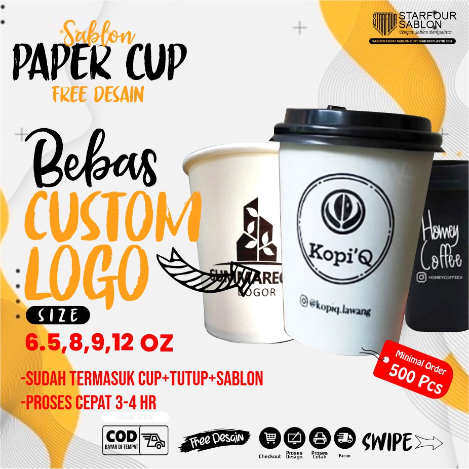 Custom Sablon Hot Paper Cup + Lid/Tutup Cup - Minimal Order 500 Pcs , Gelas Kertas,Gelas Kopi - Free
