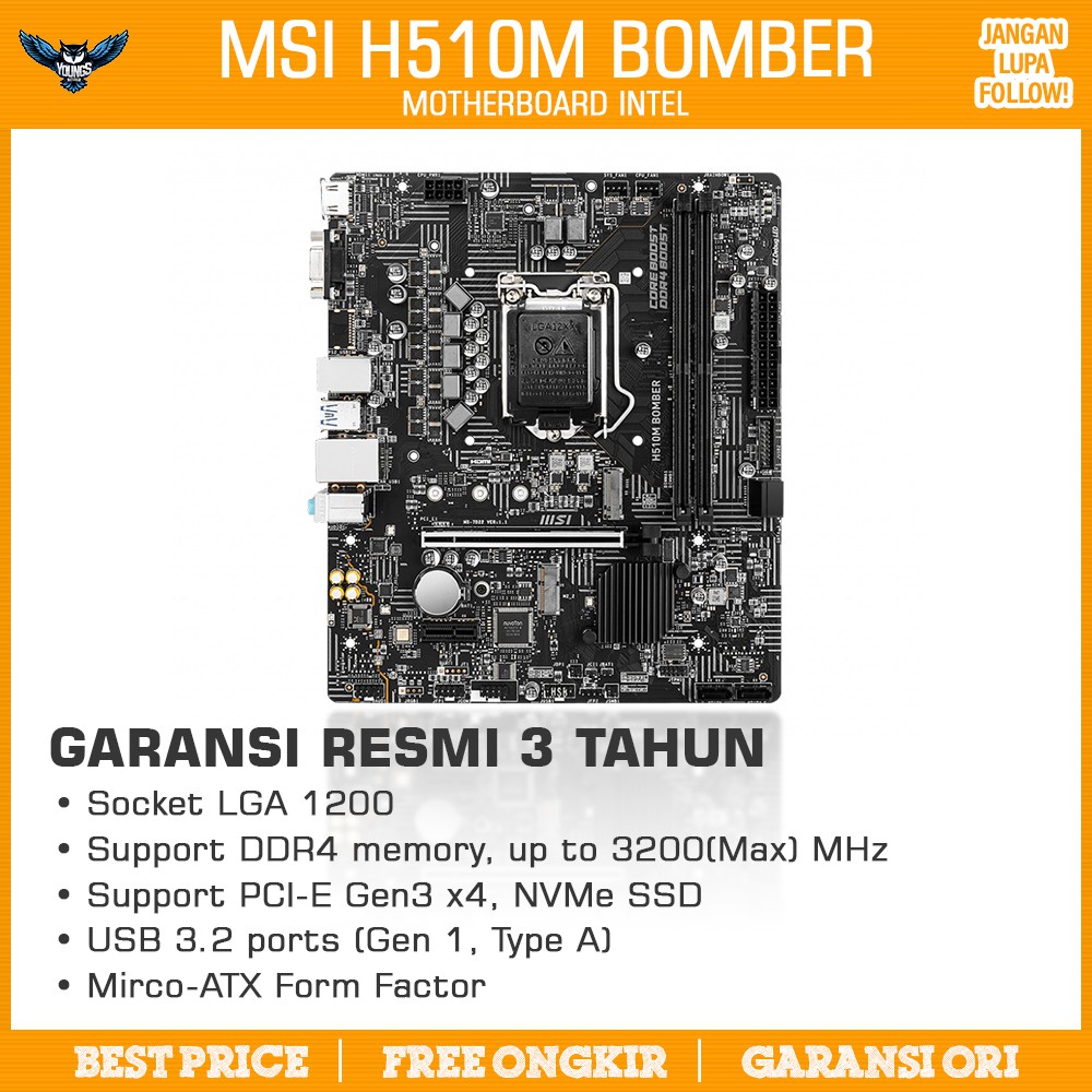 Jual Motherboard MSI H510M BOMBER (LGA1200, H510, DDR4, USB3.2, SATA3