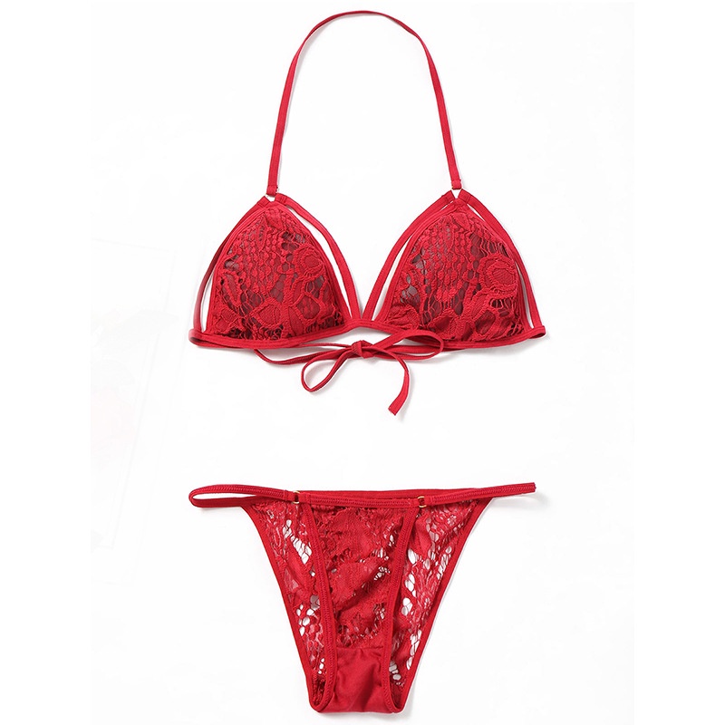 (COD) Bikini Malam Sexy Transparan Renda Halter Lingerie Set Bikini dan Celana Dalam 3B053