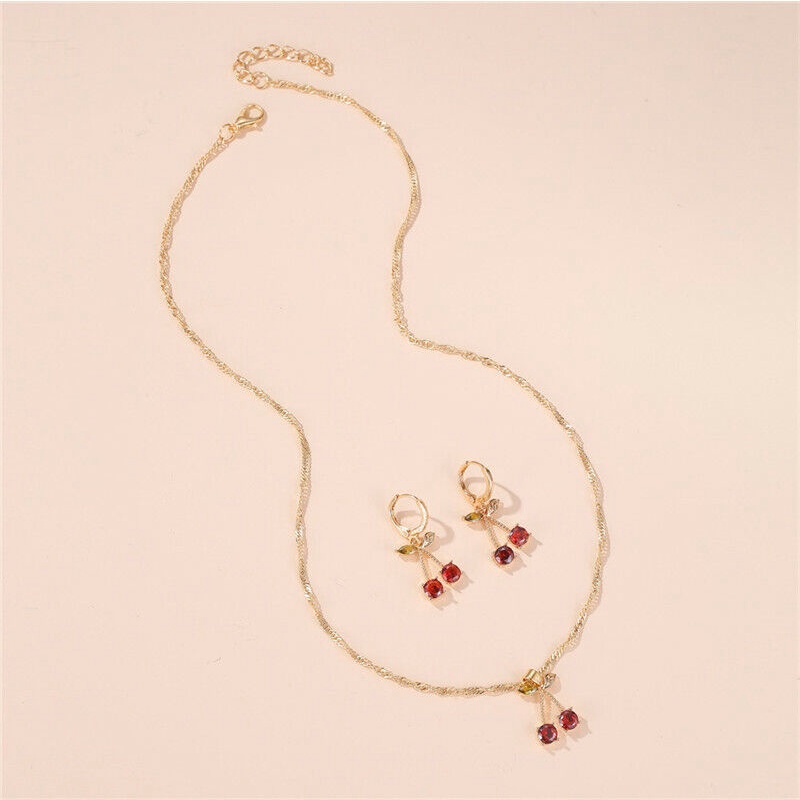 Set Kalung Anting Wanita Model Buah Cherry Merah Fashion Aksesoris Dalika