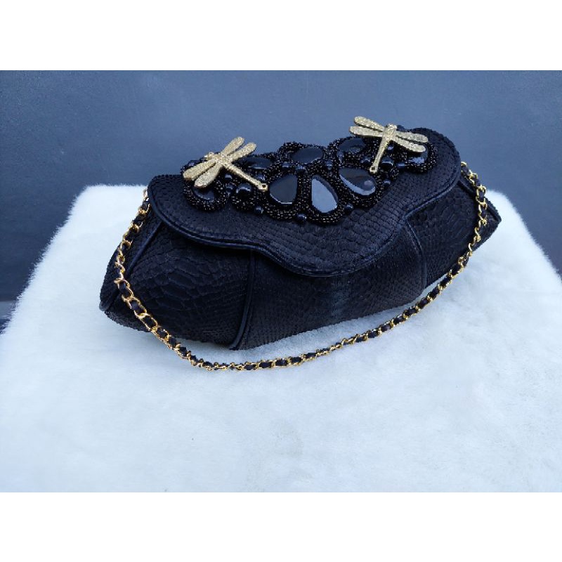 Clutch Pesta Sandra Size L Black Color -Clutch Model Kerang Asli Tas Kulit Ular Piton