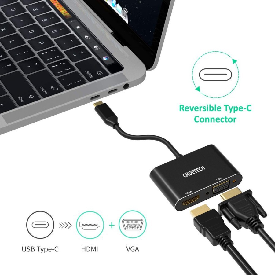 Type c to hdmi vga converter choetech 4k 1080p 2in1 adapter hub-m17 - Usb-c to hdtv-vga gold