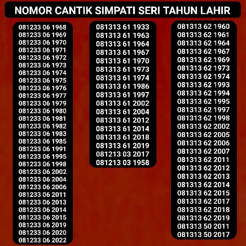 Nomor Cantik Telkomsel Simpati kartu As Seri Tahun lahir