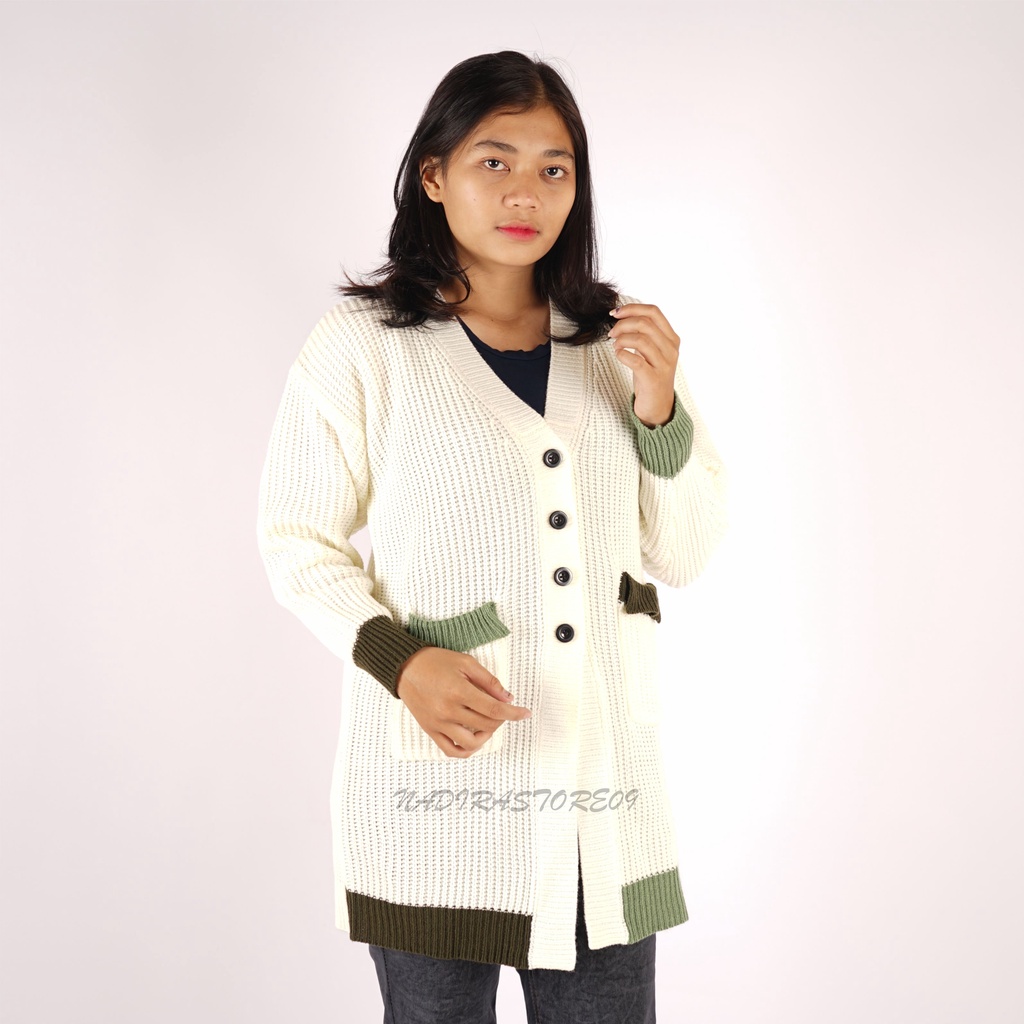 CARDIGAN RAJUT LONG KANCING SAKU OFF WHITE SUPER PREMIUM