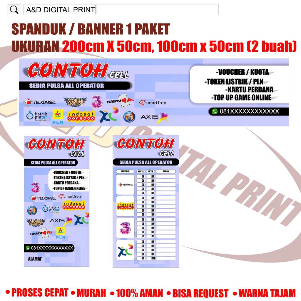 Banner/spanduk pulsa (1paket) ukuran 200cm x 50cm dan 100cm x 50cm (2 banner)