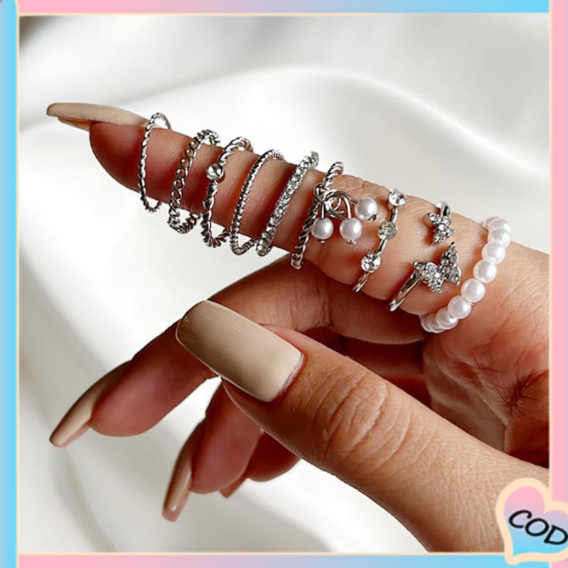 COD❤️ 9 PCS Wanita Tipis Berongga Mutiara Kristal Kupu-kupu Berlian Premium Knuckle Ring Set-A.one