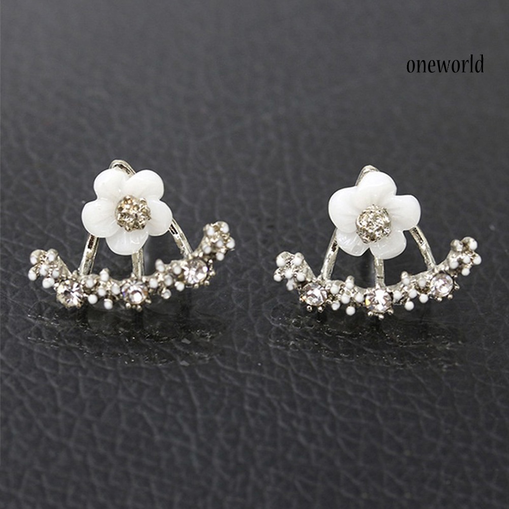 OW@ Women Cute Daisy Shape Rhinestone Inlaid Ear Jacket Earrings Party Jewelry Gift