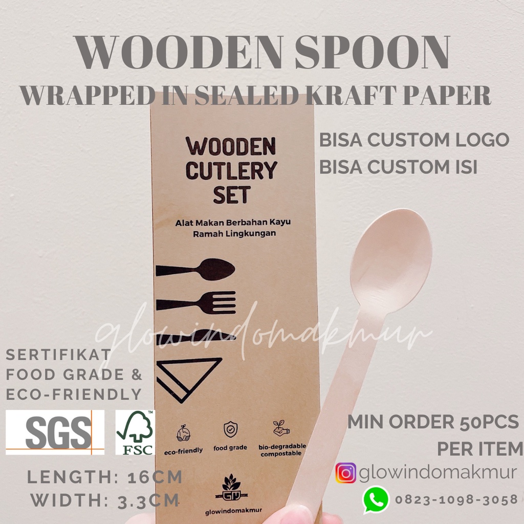 SET Sendok Kayu 16cm Cover Kraft Paper SEALED Tertutup Rapat HIGIENIS