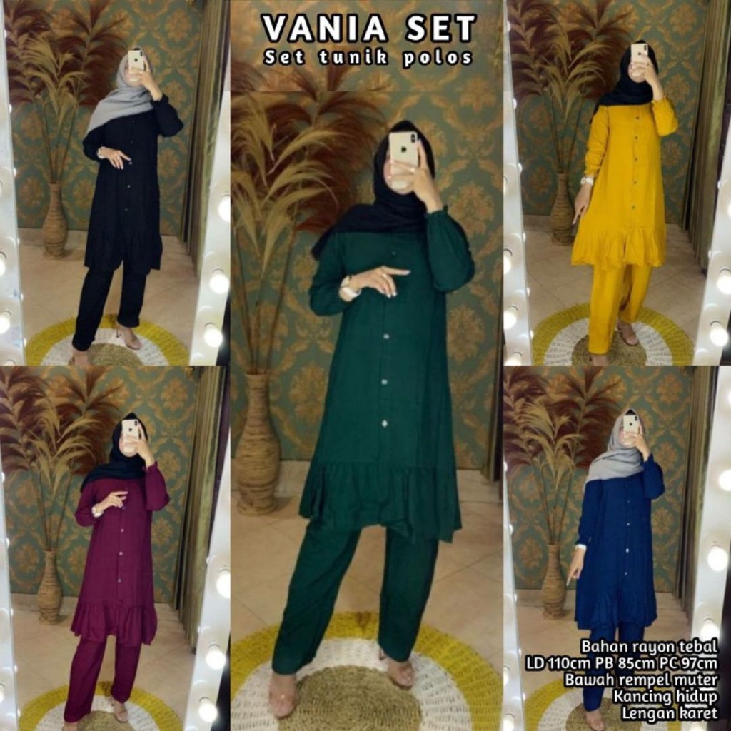 Vania One Set Tunik Rayon Premium Setelan Wanita Lengan Panjang Set Baju Kekinian LD 110 cm